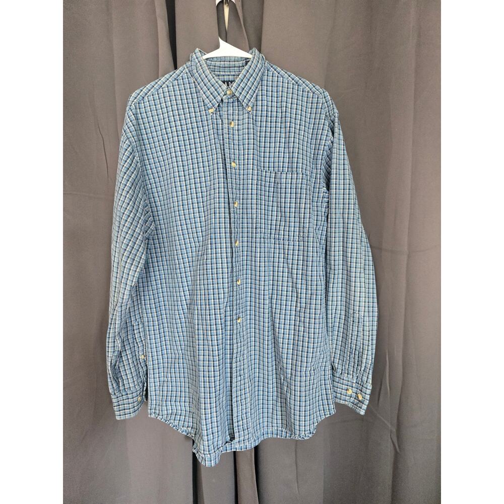 Trader Bay Men Medium Blue Plaid Linen Cotton Short Sleeve Button Down Shirt